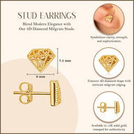 14K Yellow Gold 3D Diamond Shape Milgrain Stud Earrings