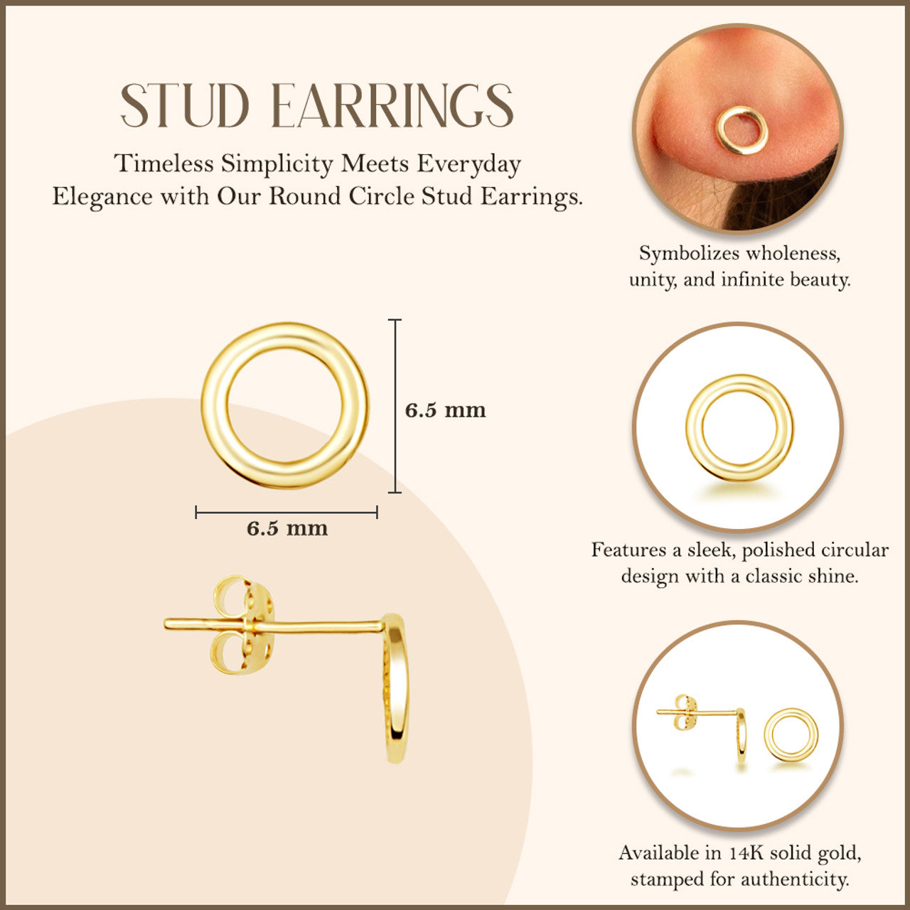 14K Yellow Gold Round Circle Stud Earrings