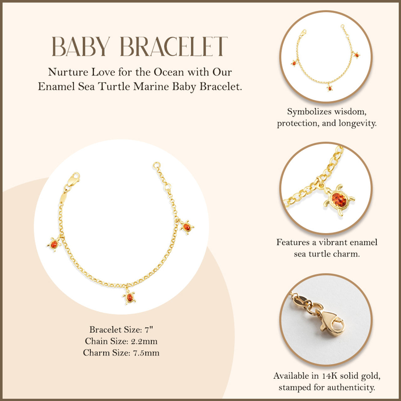 14K Yellow Gold Enamel Sea Turtle Ocean Baby Bracelet