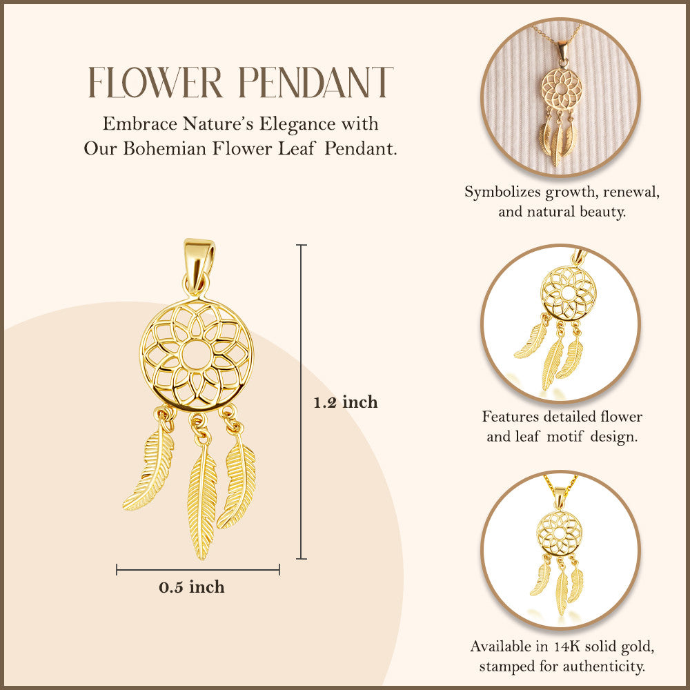 14K Yellow Gold Bohemian Flower Leaf Pendant Necklace