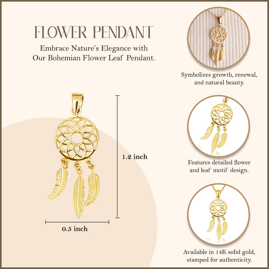 14K Yellow Gold Bohemian Flower Leaf Pendant Necklace