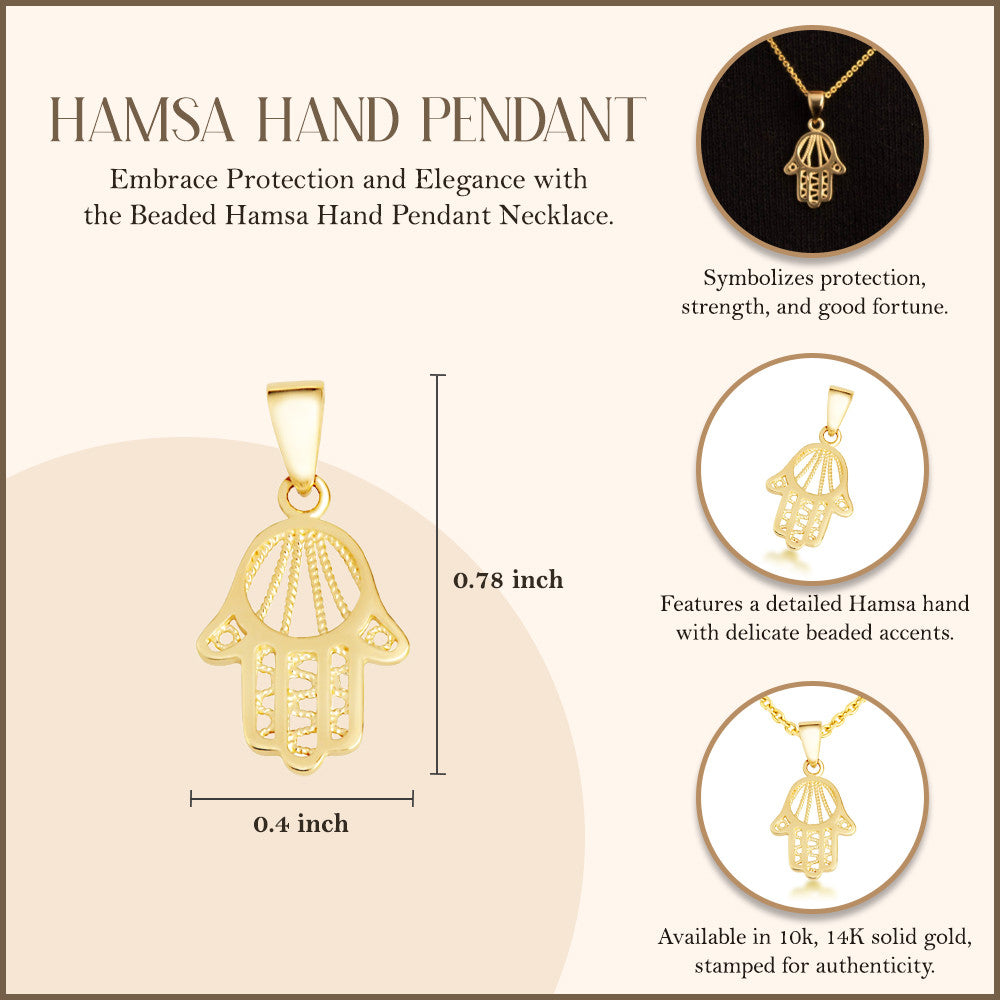 Yellow Gold Beaded Hamsa Hand Pendant Necklace