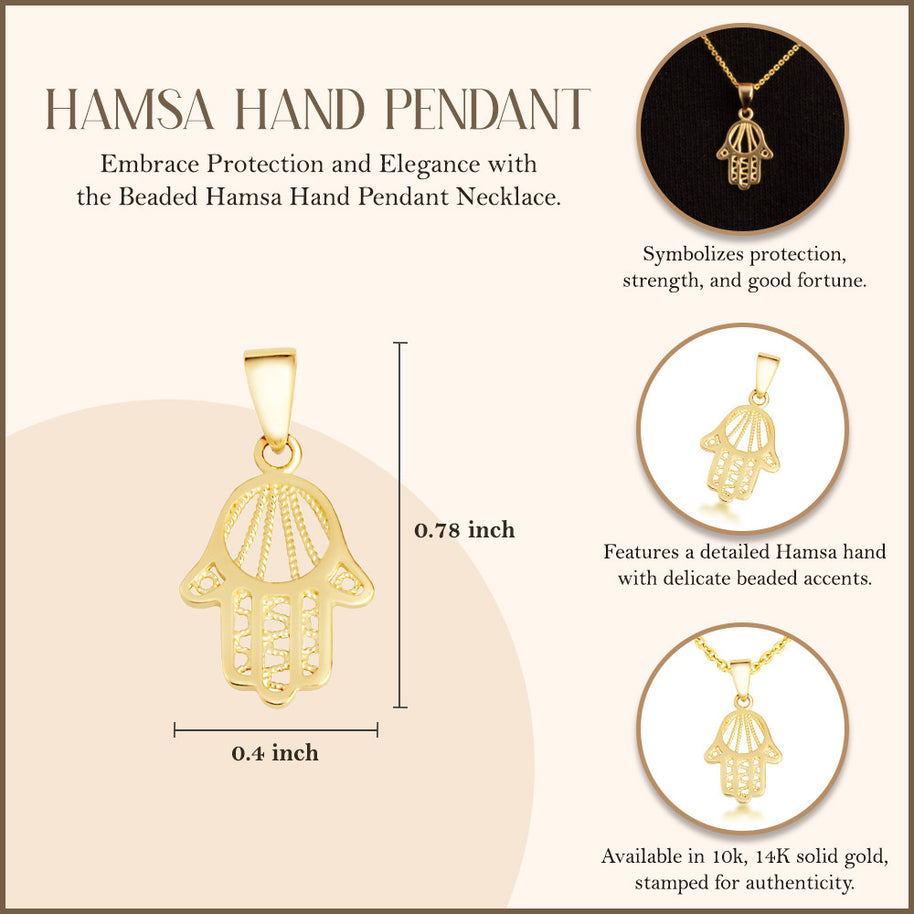 Yellow Gold Beaded Hamsa Hand Pendant Necklace
