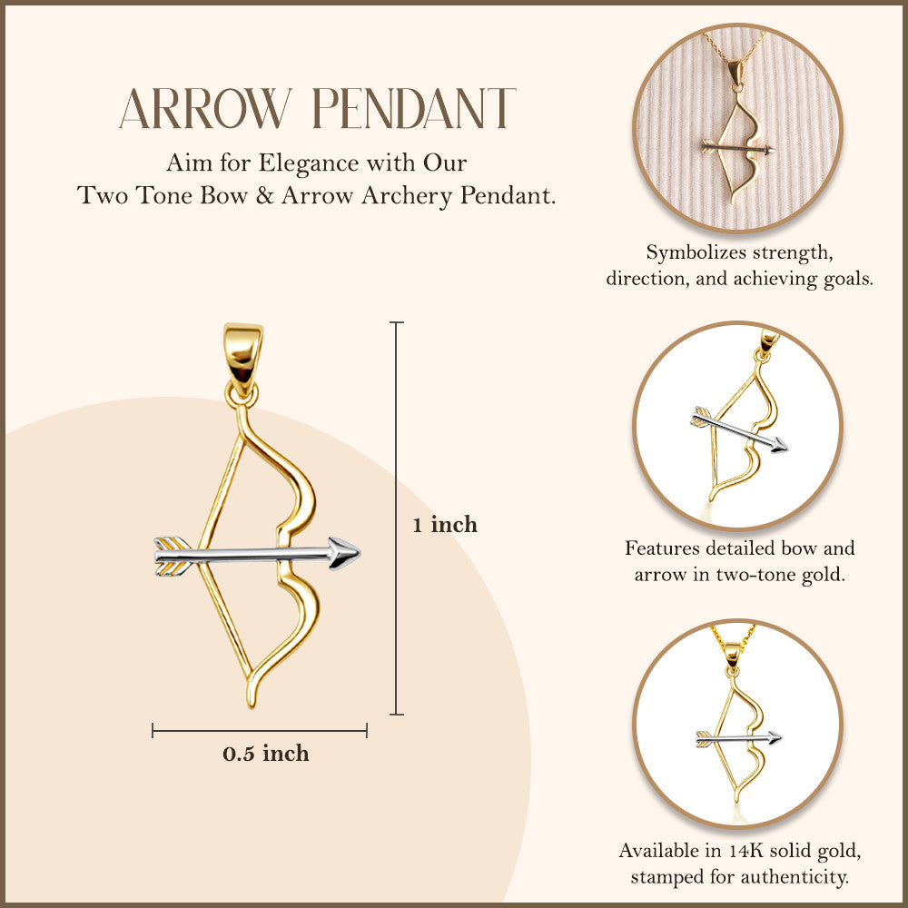 14K Two-Tone Gold Bow & Arrow Archery Pendant Necklace