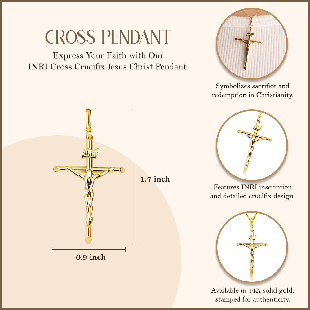14K Yellow Gold INRI Cross Crucifix Jesus Christ Pendant Necklace