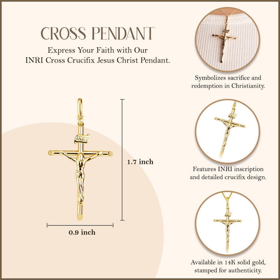 14K Yellow Gold INRI Cross Crucifix Jesus Christ Pendant Necklace