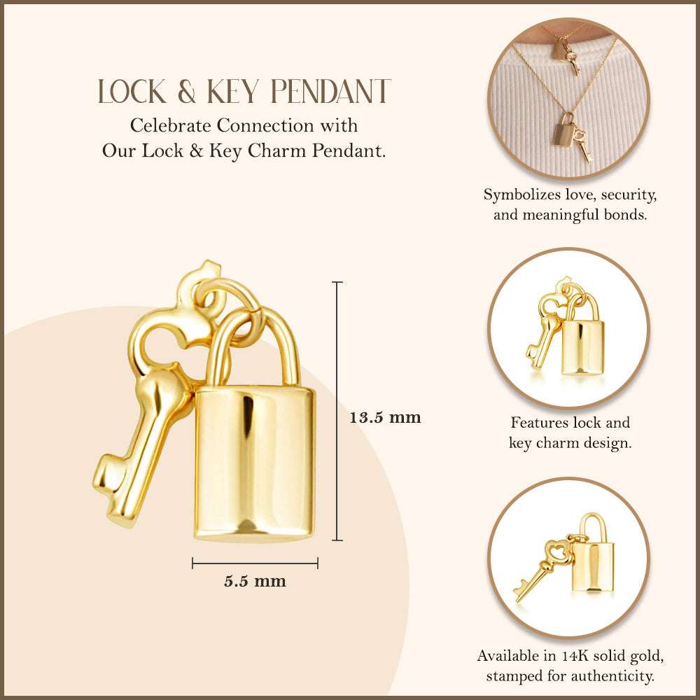 14K Yellow Gold Lock & Key Charm Pendant Necklace (Available in Small/Large)