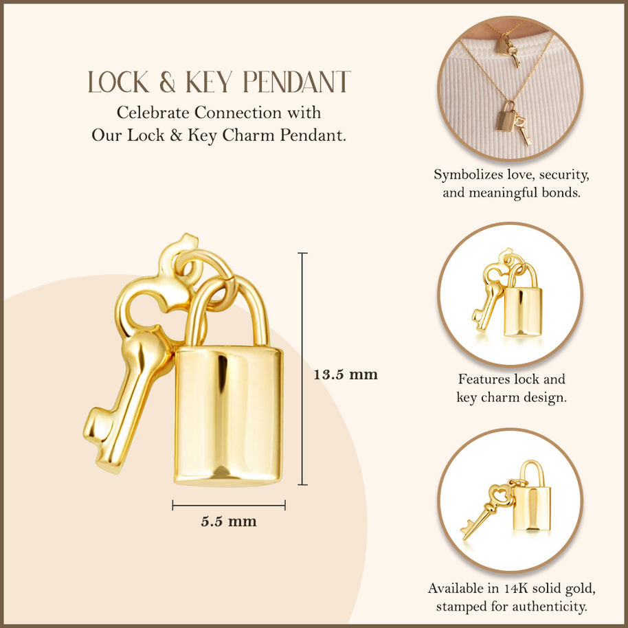 14K Yellow Gold Lock & Key Charm Pendant Necklace (Available in Small/Large)