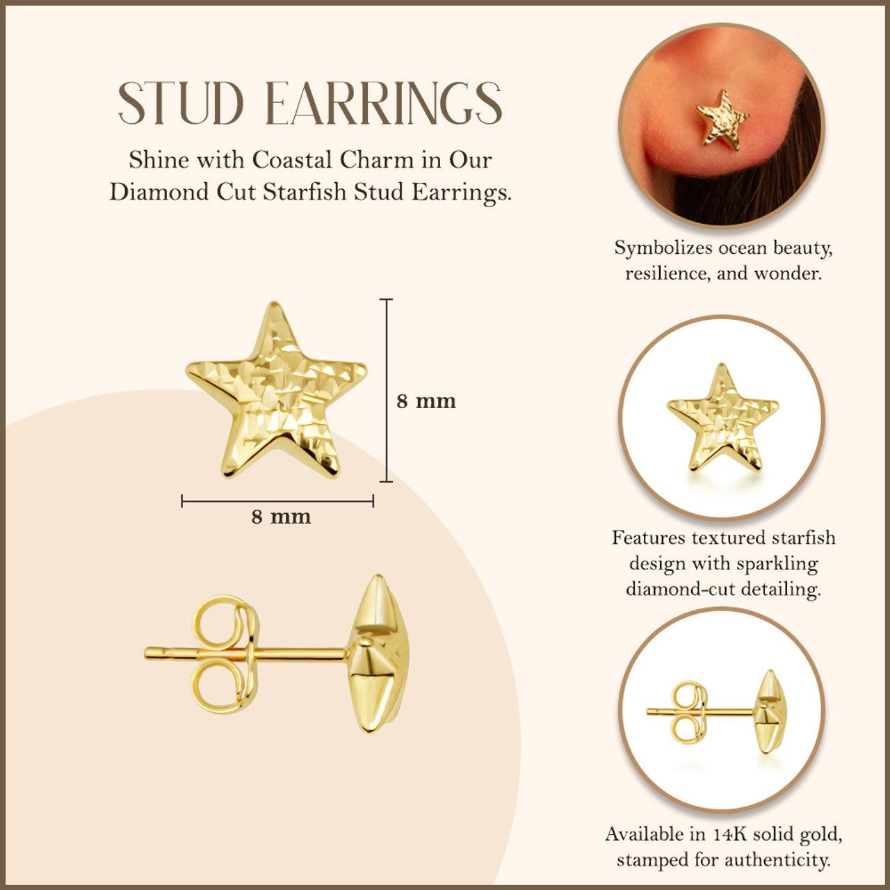 14K Gold Diamond Cut Star Stud Earrings