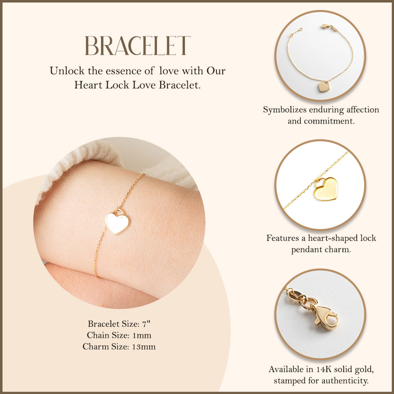 14K Yellow Gold Heart Lock Love Bracelet 7