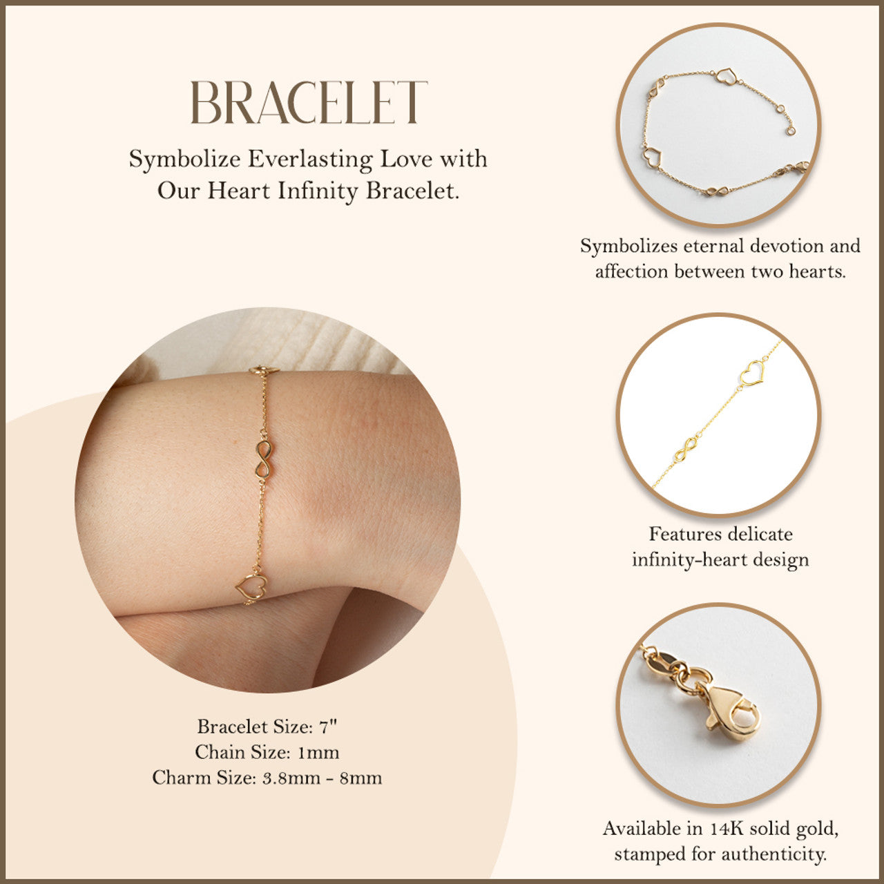 14K Yellow Gold Heart Infinity Love Bracelet 7