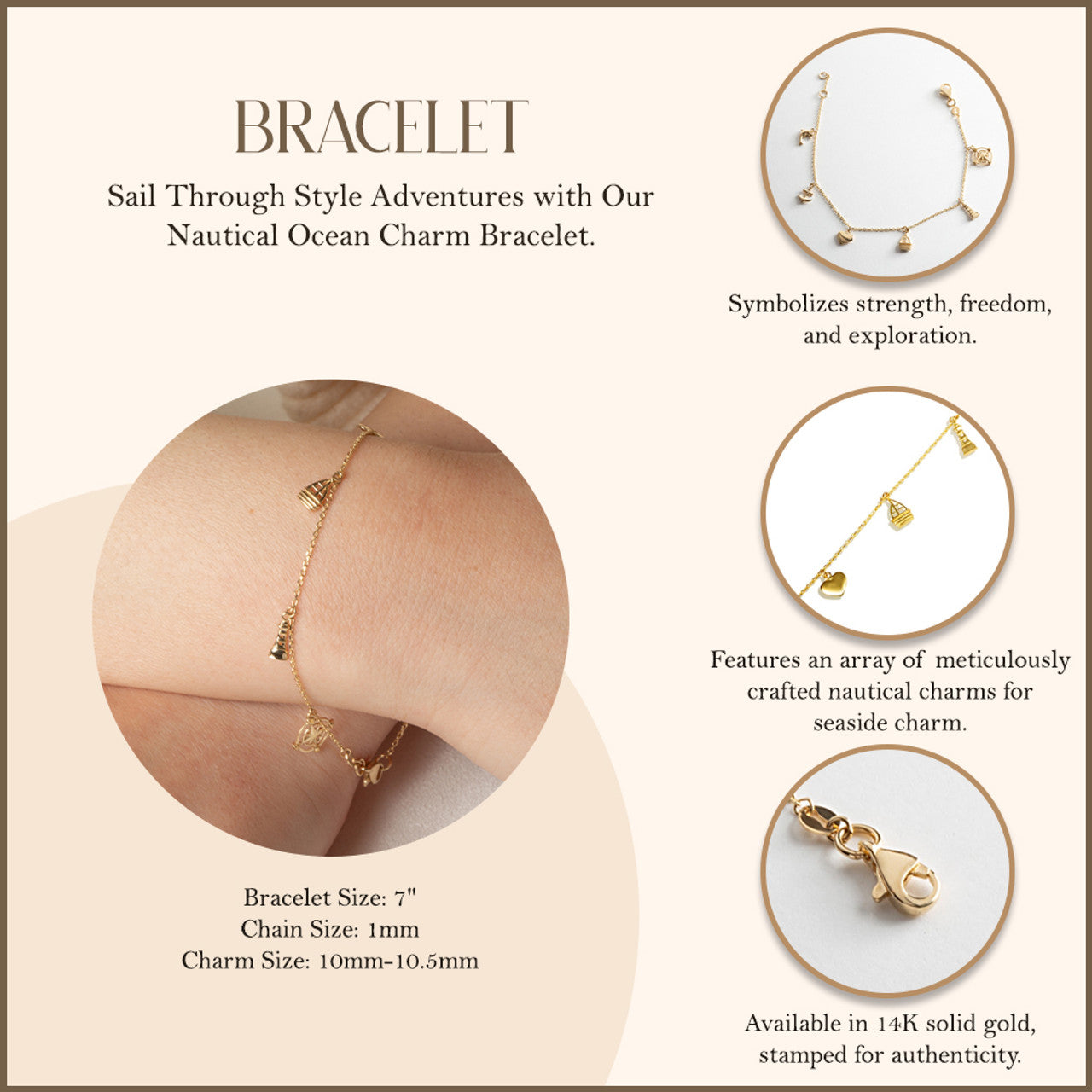 14K Yellow Gold Nautical Anchor Ocean Dolphin Charm Bracelet 7