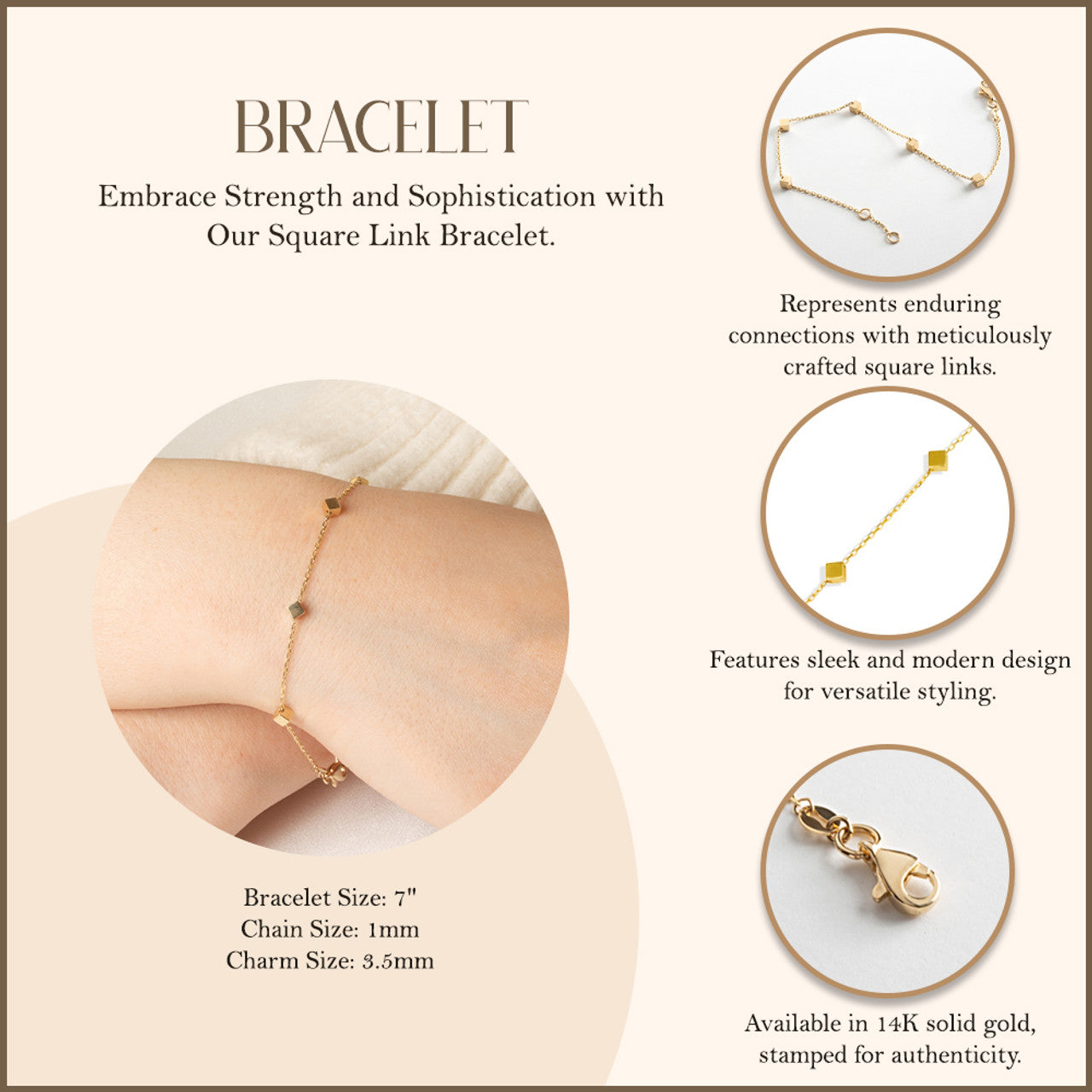 14K Yellow Gold Square Link Bracelet 7
