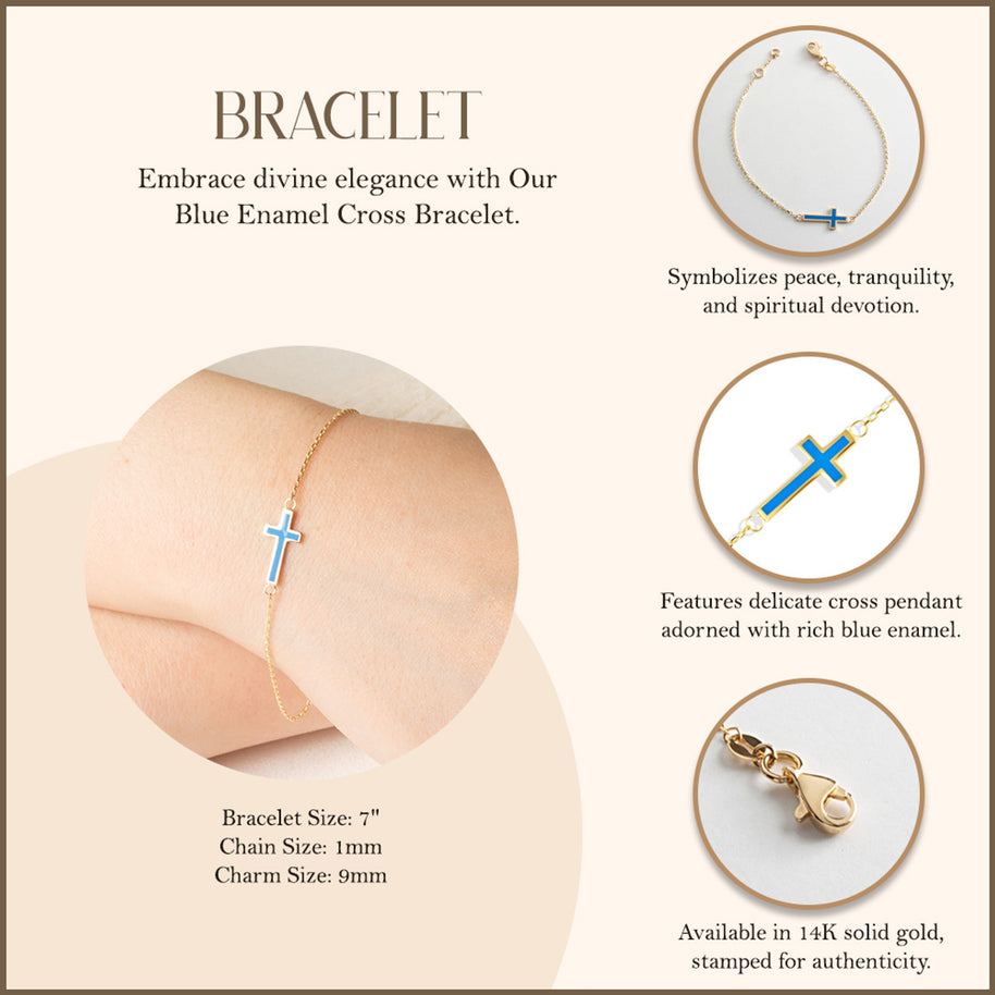 14K Yellow Gold Blue Enamel Cross Bracelet 7