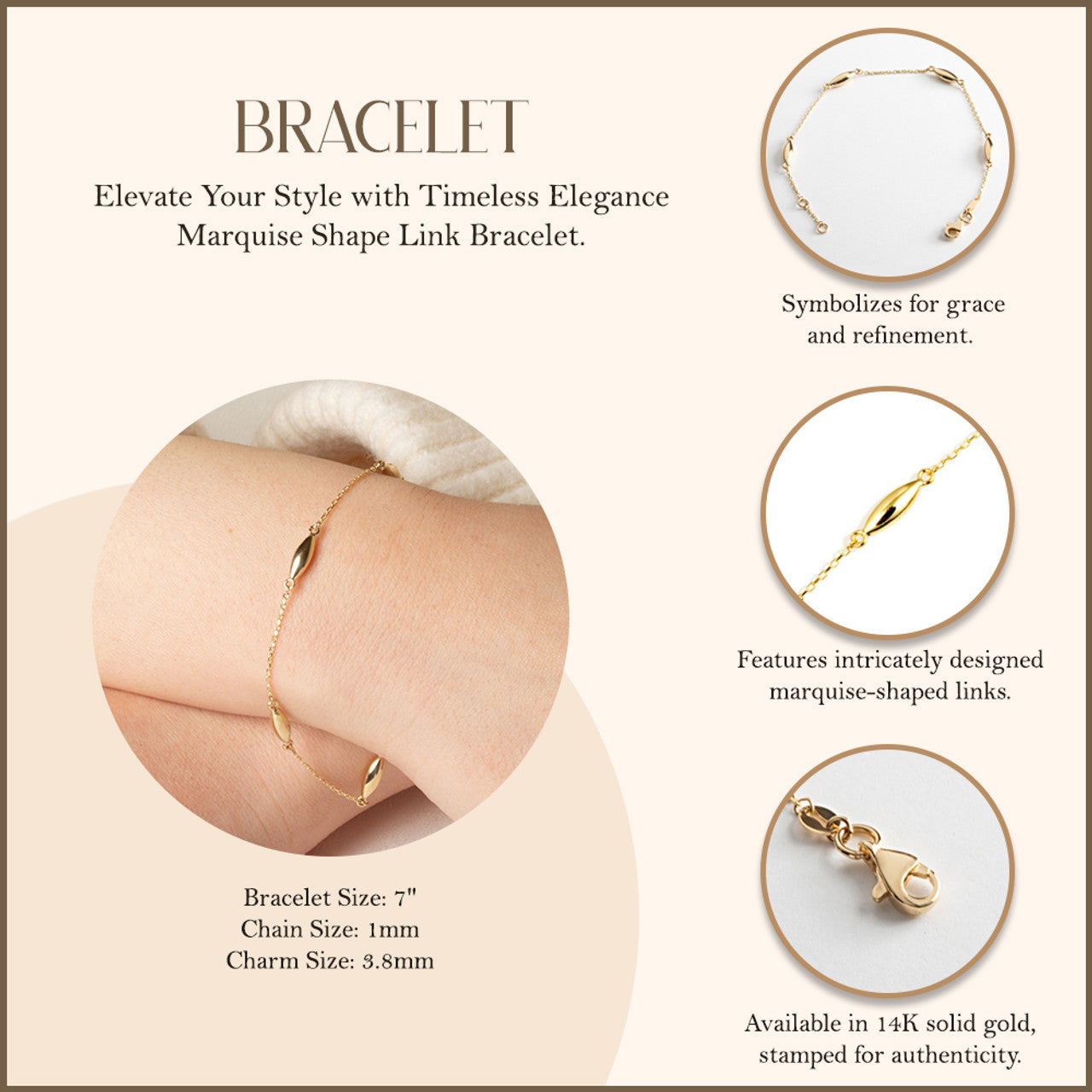 14K Yellow Gold Marquise Shape Link Bracelet 7