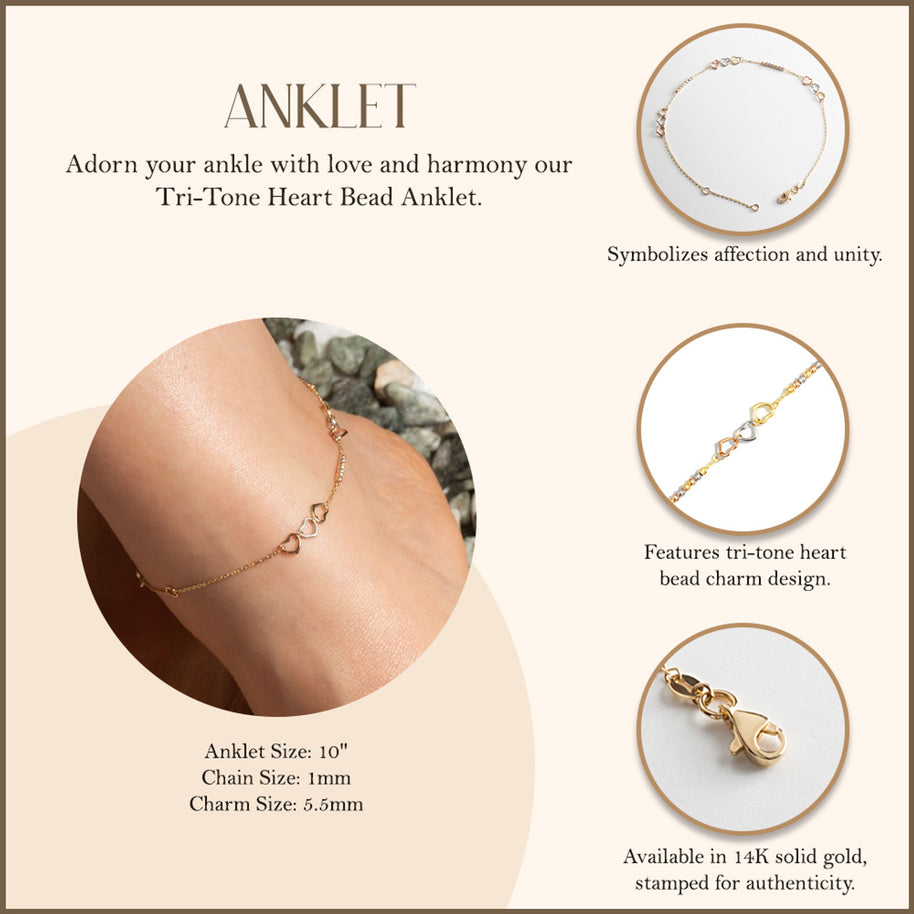 14K Tri-Color Gold Heart Bead Anklet