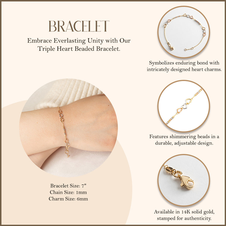 14K Tri-Color Gold Triple Heart Beaded Love Bracelet 6mm
