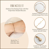 14K Tri-Color Gold Triple Heart Beaded Love Bracelet 6mm