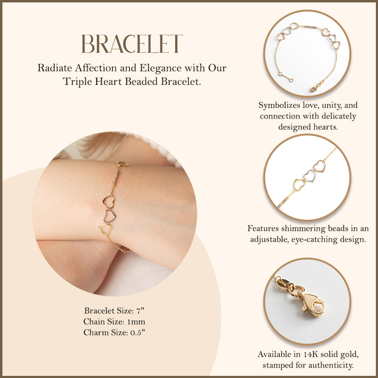14K Tri-Color Gold Triple Heart Beaded Love Bracelet 12.5mm