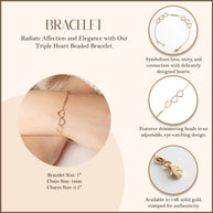 14K Tri-Color Gold Triple Heart Beaded Love Bracelet 12.5mm