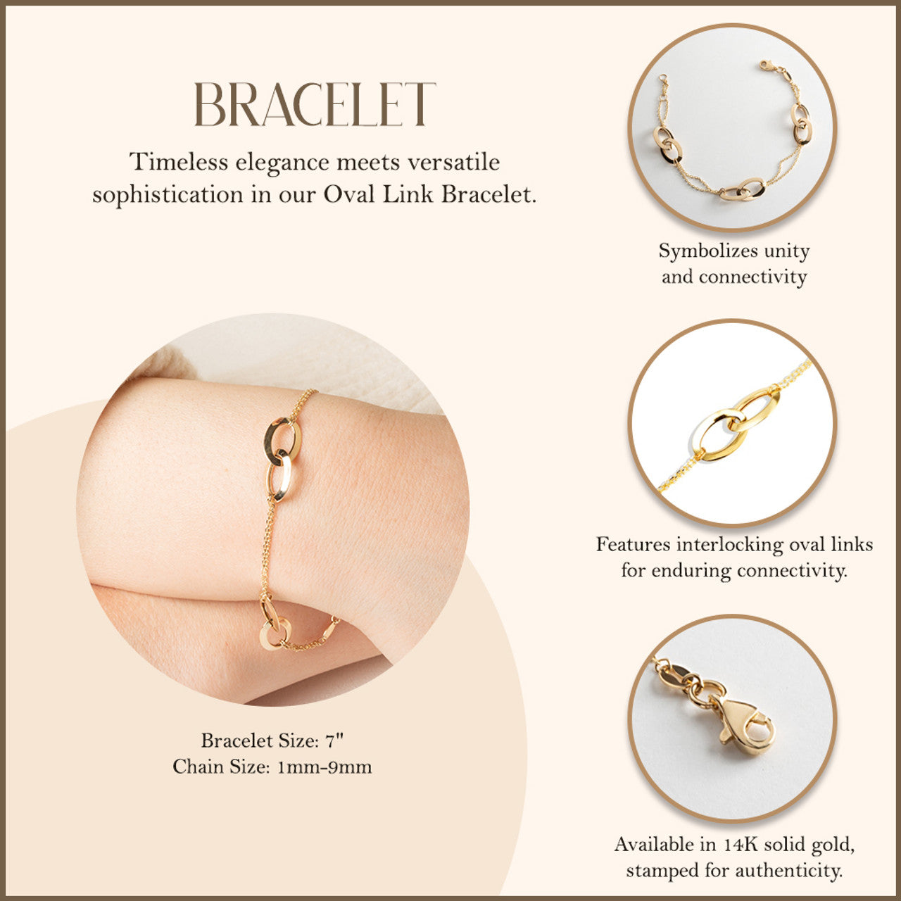 14K Yellow Gold Oval Link Love Knot Bracelet 7