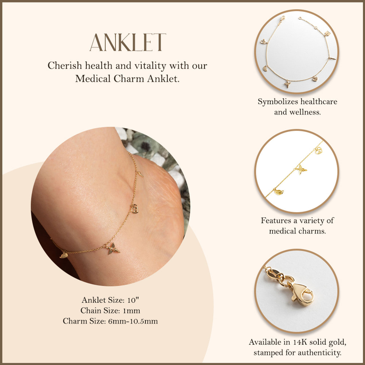 14K Yellow Gold Heartbeat Caduceus Medical Tools Charm Anklet