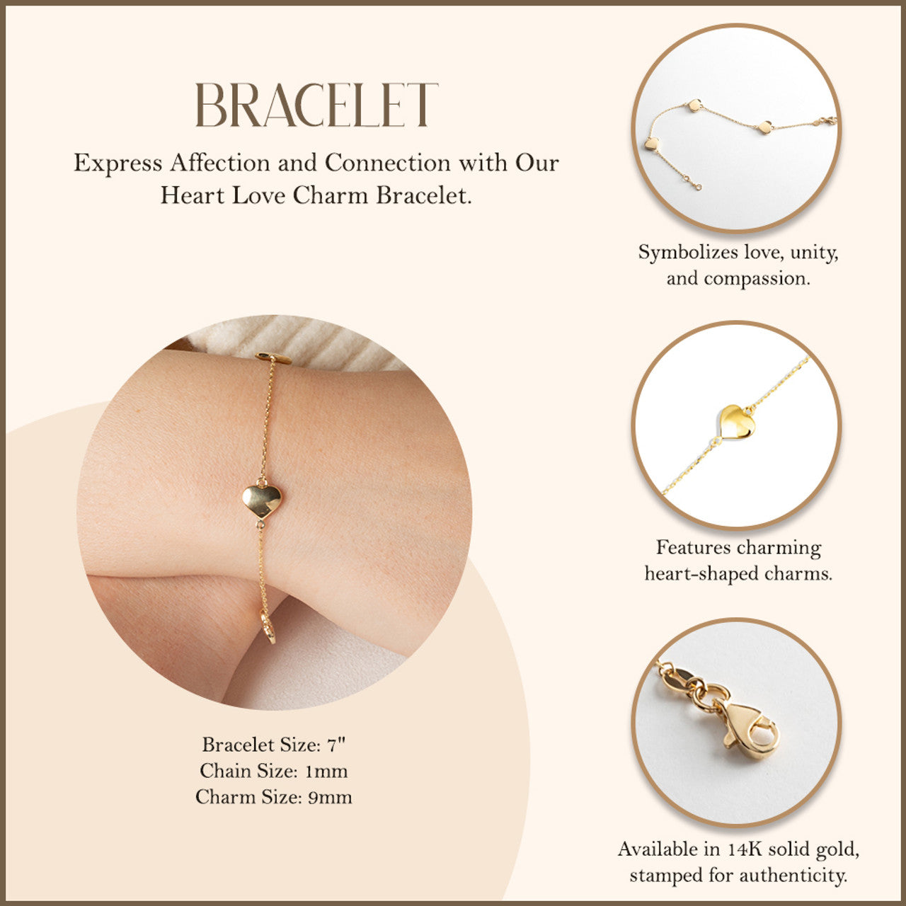 14K Yellow Gold Heart Love Charm Bracelet 7