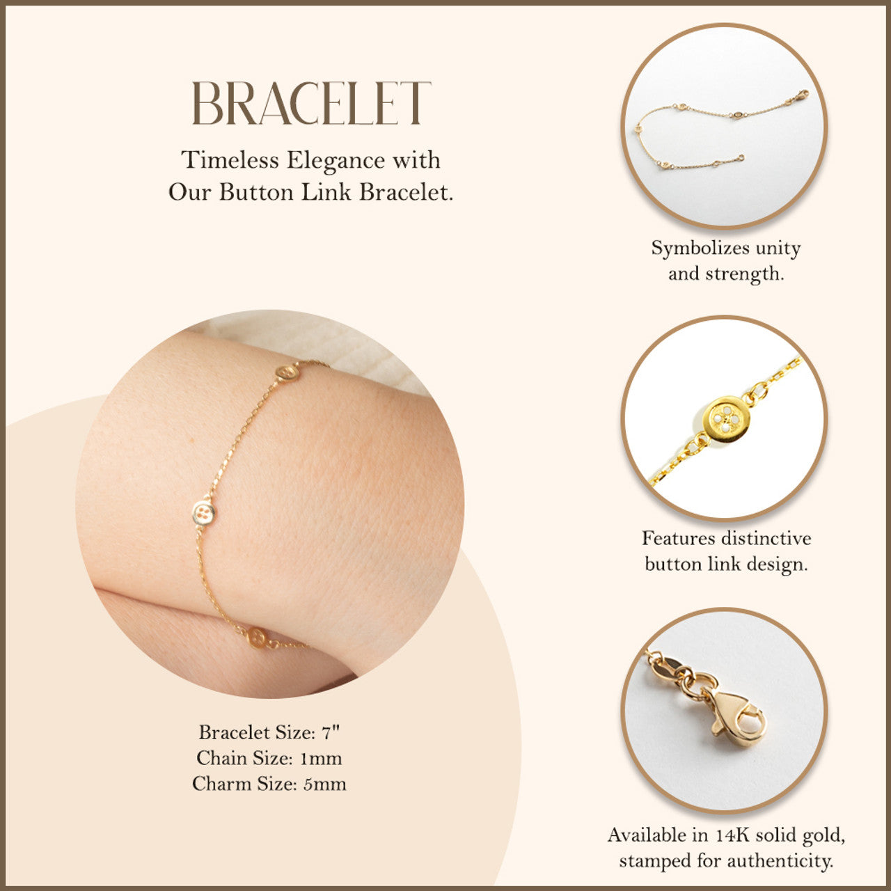 14K Yellow Gold Button Link Bracelet 7