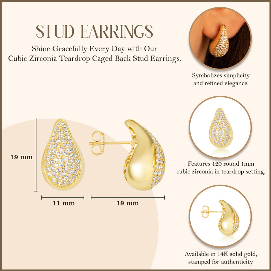 14K Yellow Gold Cubic Zirconia Teardrop Caged Back Stud Earrings