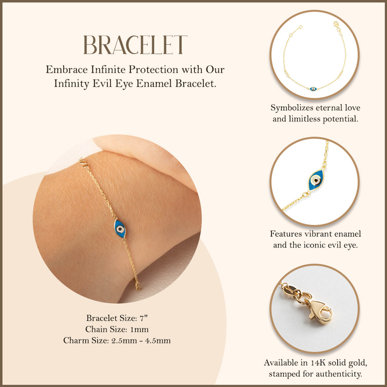 14K Yellow Gold Infinity Evil Eye Enamel Protection Bracelet