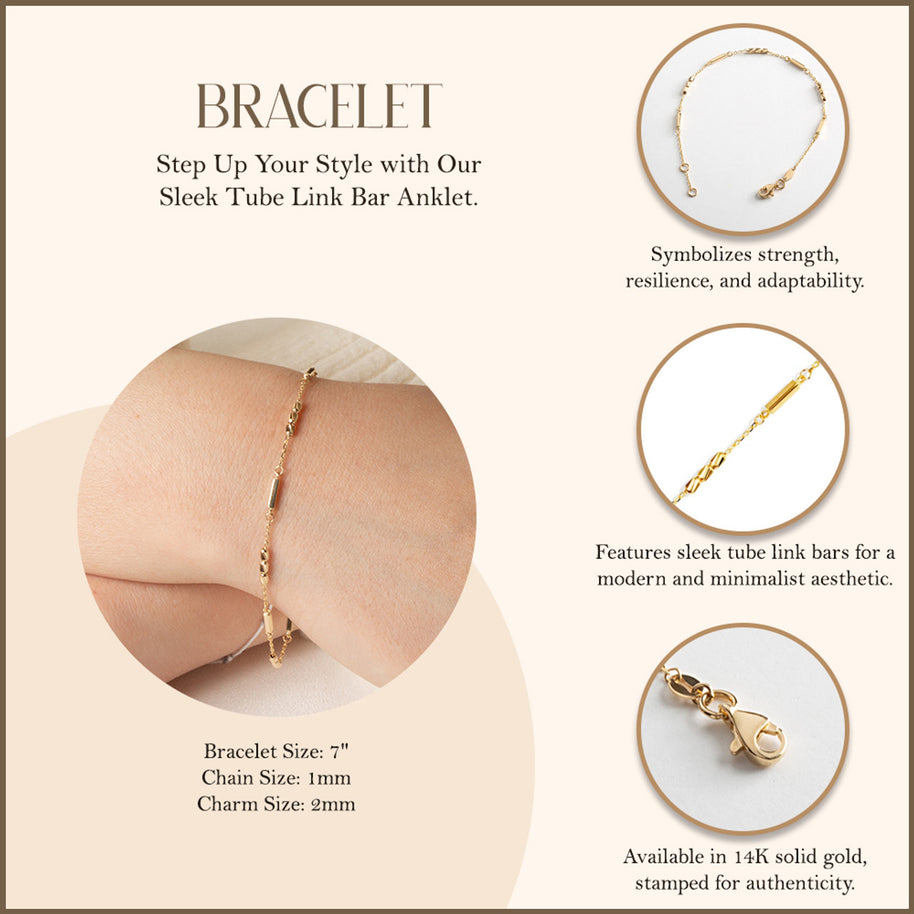 14K Yellow Gold Tube Link Bar Bracelet 7