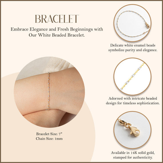14K Yellow Gold White Enamel Beaded Bracelet 7
