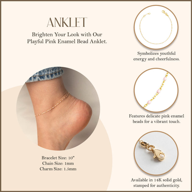 14K Yellow Gold Pink Enamel Bead Anklet