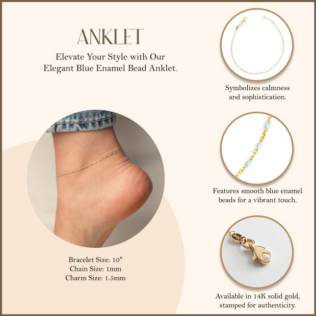 14K Yellow Gold Blue Enamel Bead Anklet
