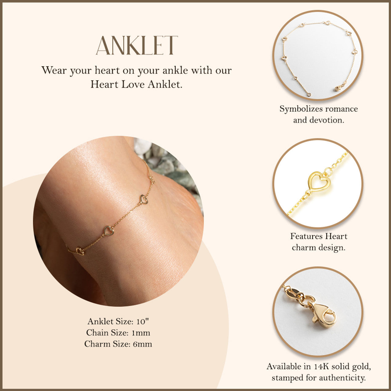 14K Yellow Gold Bow Tie Heart Ribbon Anklet