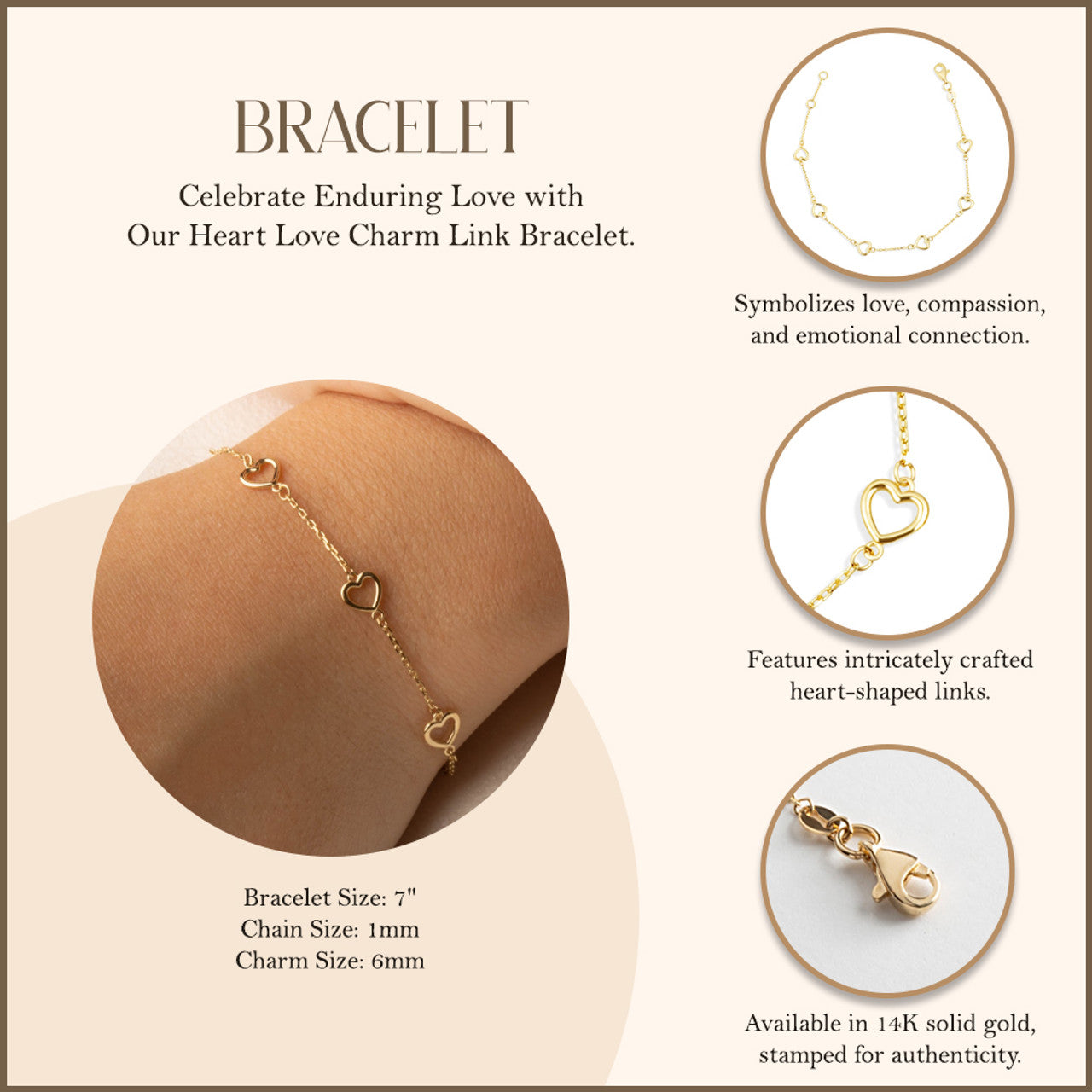 14K Yellow Gold Heart Love Charm Link Bracelet