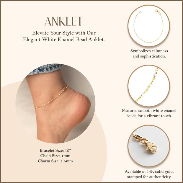 14K Yellow Gold White Enamel Bead Anklet