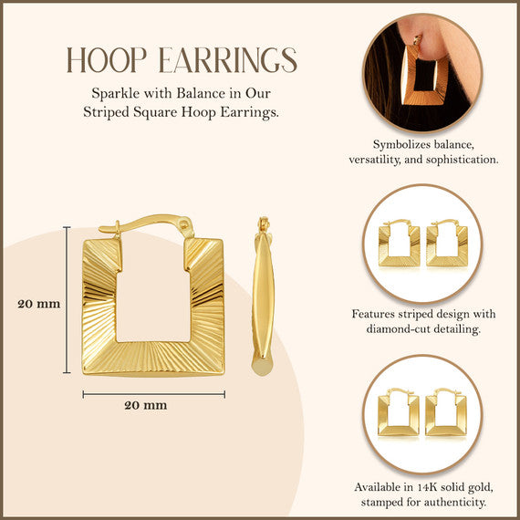 14K Yellow Gold Striped Square Hoop Diamond Cut Earrings
