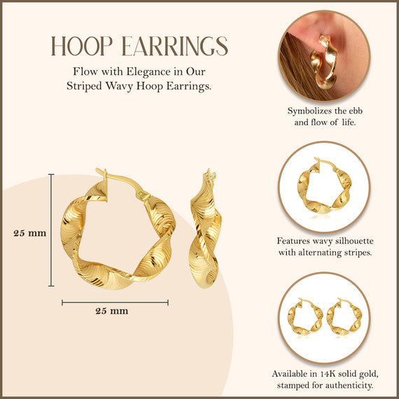 14K Yellow Gold Oval Striped Wavy Hoop Earrings