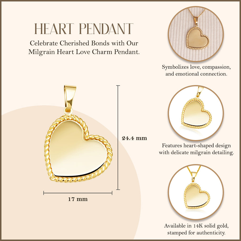 14K Yellow Gold Milgrain Heart Love Charm Pendant Necklace