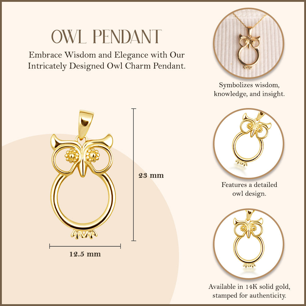 14K Yellow Gold Wise Owl Lucky Charm Pendant Necklace