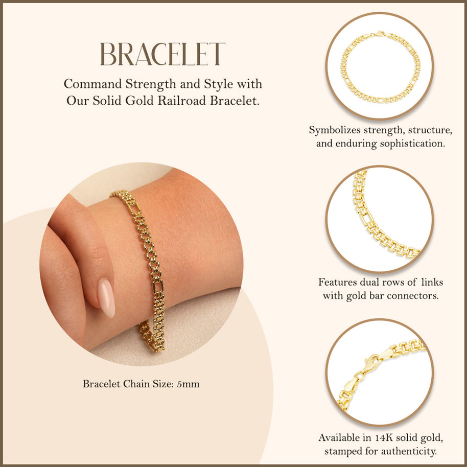 14k Solid Gold Railroad Chain Link Bracelet