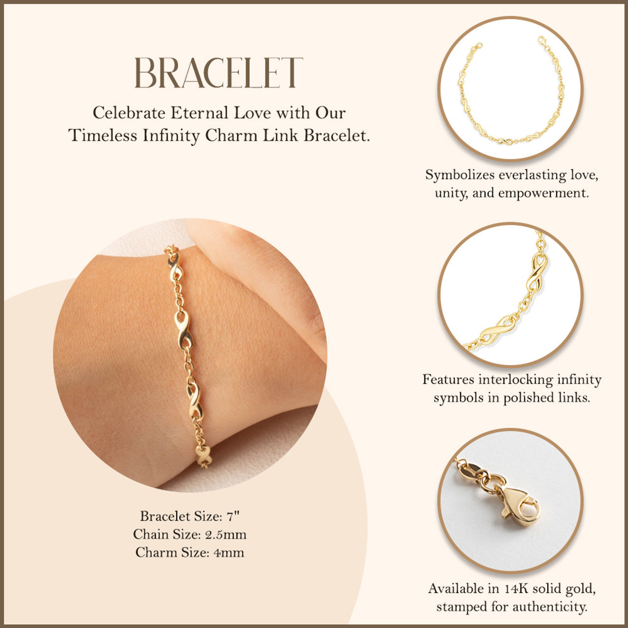 14K Yellow Gold Infinity Charm Link Bracelet