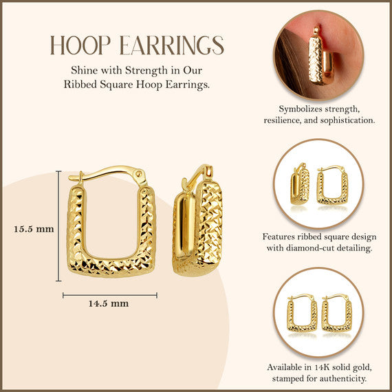 14K Yellow Gold Ribbed Square Hoop Diamond Cut Earrings