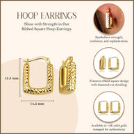 14K Yellow Gold Ribbed Square Hoop Diamond Cut Earrings