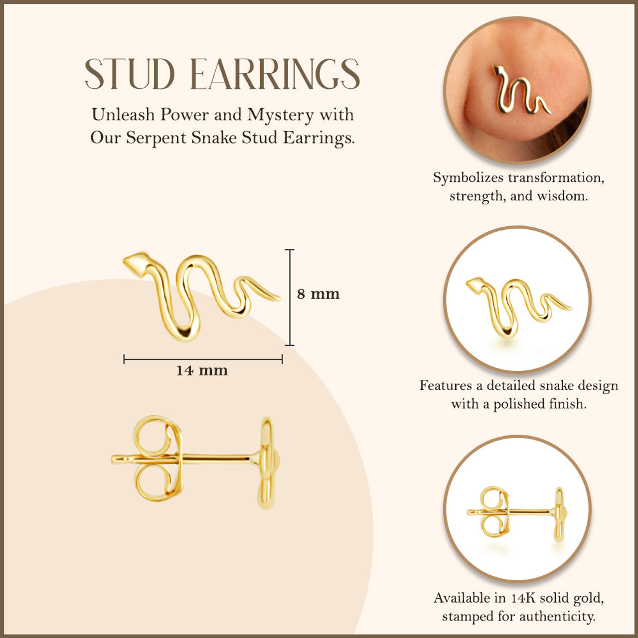 14K Gold Snake Earrings