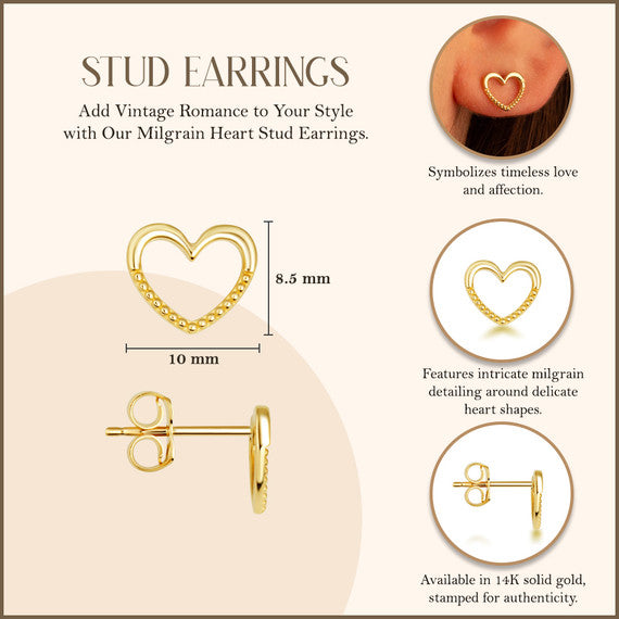 14K Gold Milgrain Heart Stud Earrings