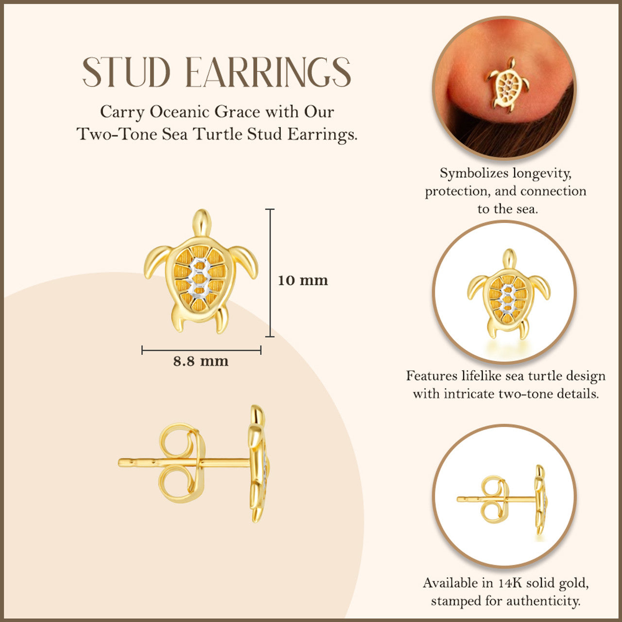 14K Two-Tone Gold Sea Turtle Stud Earrings
