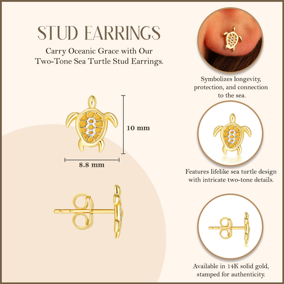14K Two-Tone Gold Sea Turtle Stud Earrings