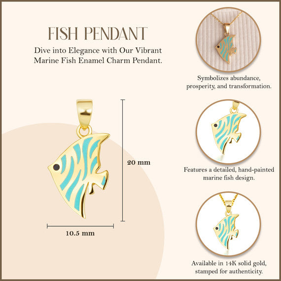 14K Yellow Gold Enamel Fish Ocean Charm Pendant Necklace